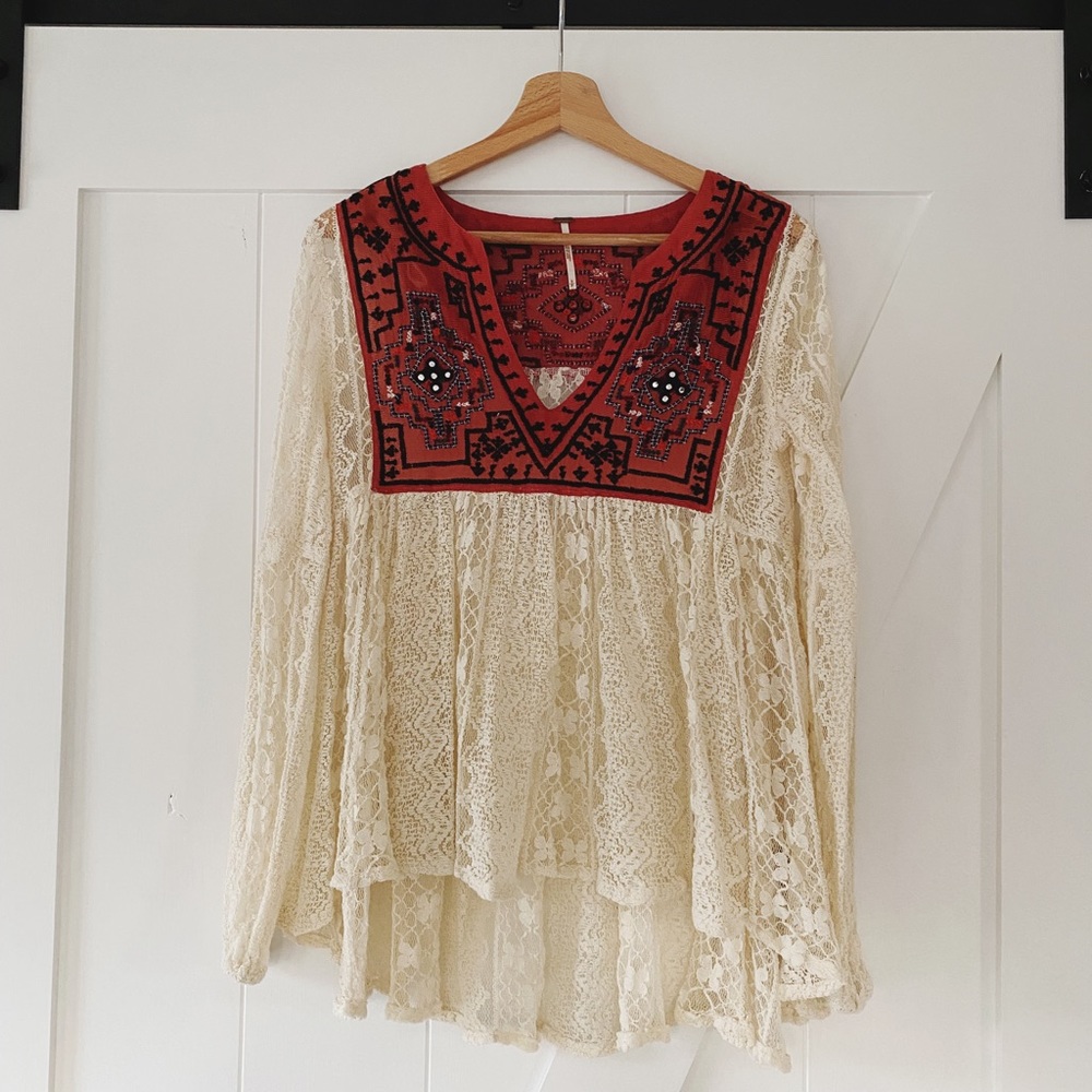 Free People Sheer Lace Peasant Beaded Blouse